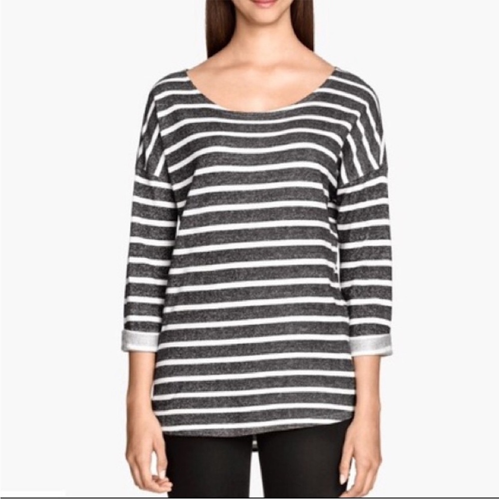 H&M Gray Striped Comfy Rolled Sleeve Oversized Top